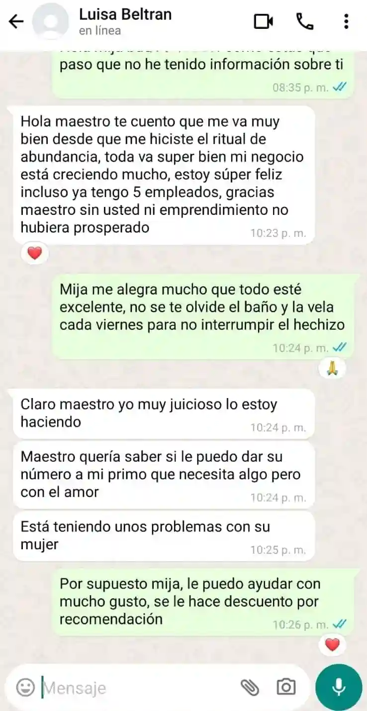 Testimonio WhatsApp - Cliente satisfecho con trabajo de amor